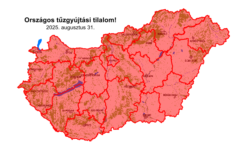 Aktuális tűzgyújtási tilalom térkép (2025.08.14)